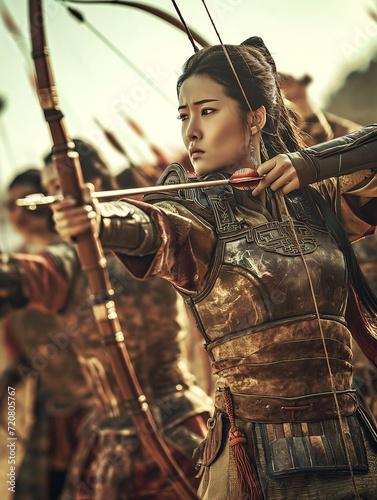 Photography style, war-torn battlefield, beautiful ancient chinese female warriors and handsome ancient chinese male warriors pull up bows and arrows to aim at the enemy, stunning vision, epic design © Natali