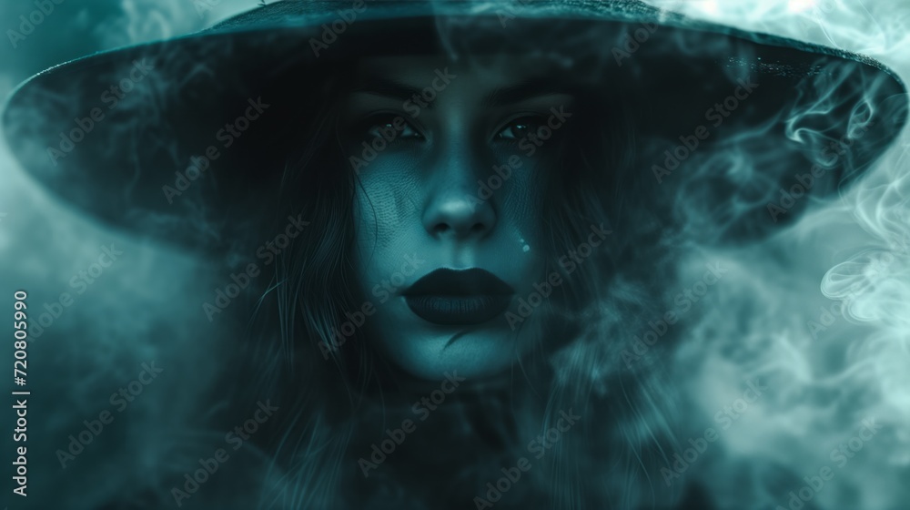 An otherworldly portrait of a dark witch, haunting, beautiful and spooky, smoke, occult symbols, fantasy