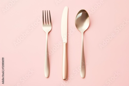 Stylish Cutlery Set on Pink Background  Flat Lay with Space for Text AI Generated