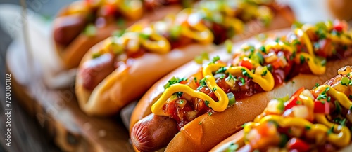 A scrumptious assortment of savory hot dogs with a variety of delicious toppings, perfect for satisfying cravings for fast food and indulging in a finger food feast, all nestled inside warm and fluff photo