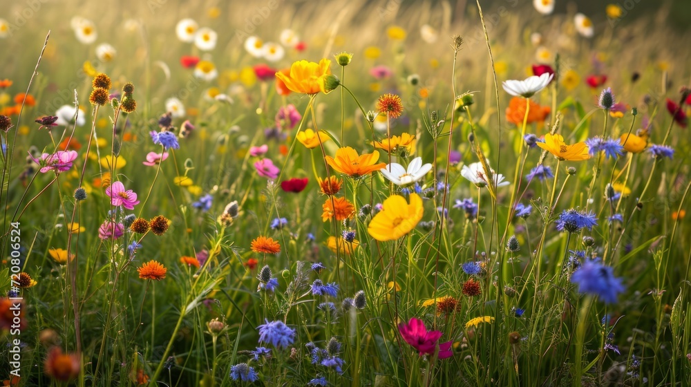Sunlit field of wildflowers generative ai