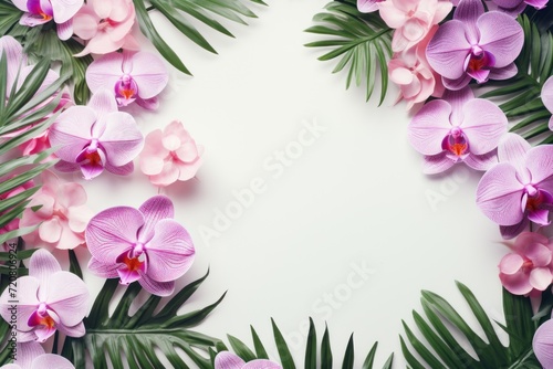 Summer Background with Tropical Orchid Flowers and Green Palm Leaves AI Generated