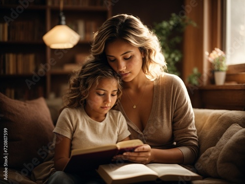 Mother and daughter reading a book together at home