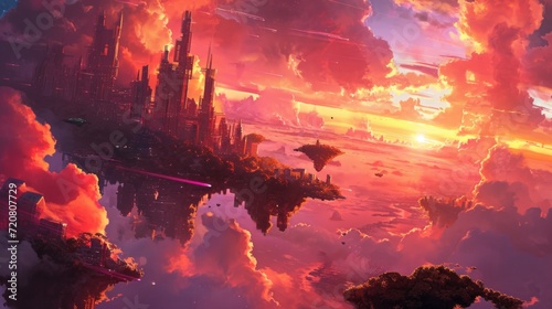 Sunset over a futuristic city with floating islands  complemented by vibrant manga-style clouds generative ai