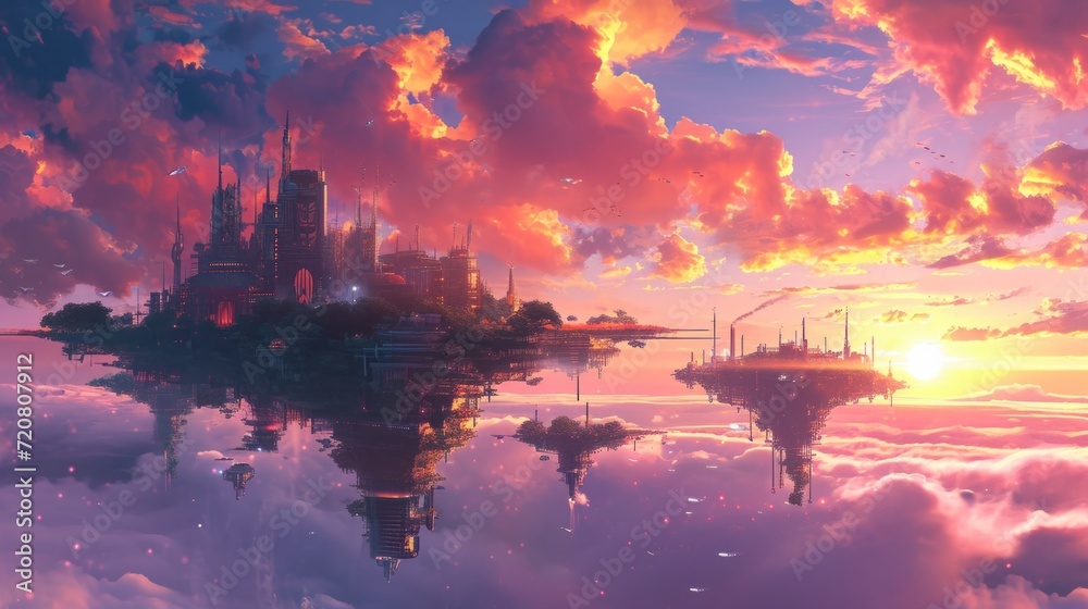 Sunset over a futuristic city with floating islands, complemented by vibrant manga-style clouds generative ai