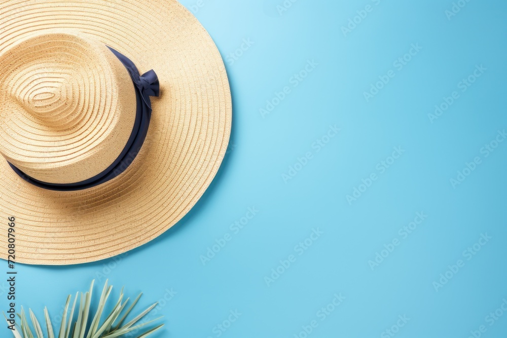 Summer Flat Lay with Sunglasses, Straw Hat, and Beach Accessories on Blue Background AI Generated