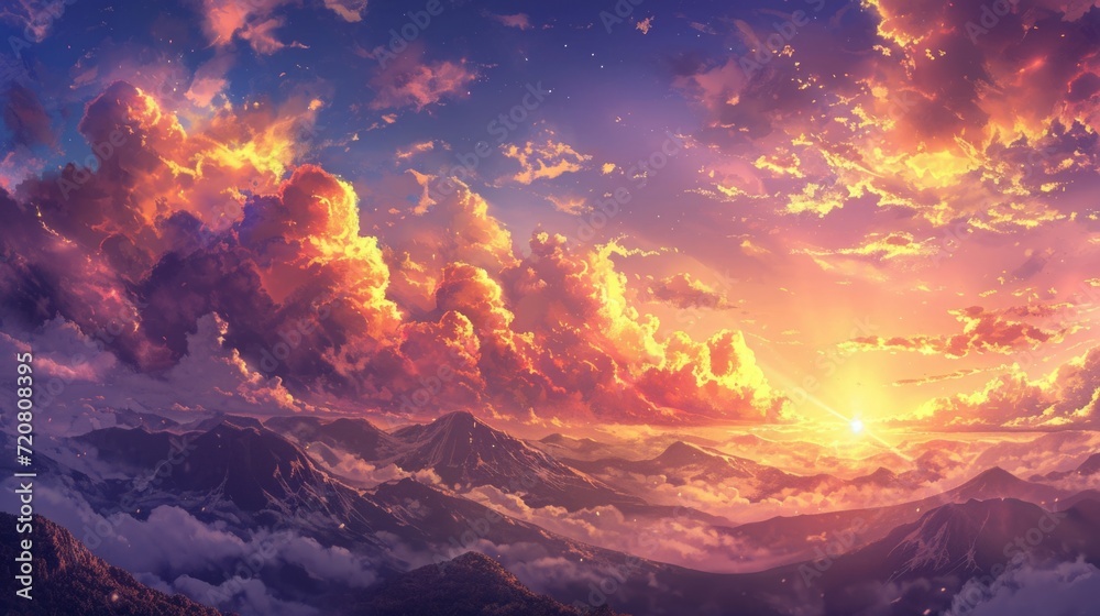 Sunset over a mountain range with warm colors filling the sky. Manga-style clouds generative ai