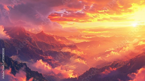 Sunset over a mountain range with warm colors filling the sky. Manga-style clouds generative ai © Kelly