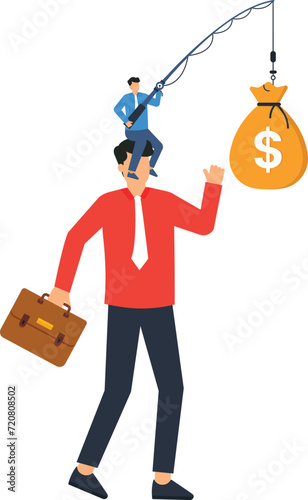 Financial fraud and illegal investment scam or ponzi scheme stealing money from greedy people, Businessman investor running to catch money US Dollar sign with phishing concept,
