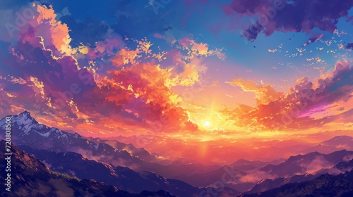 Sunset over a mountain range with warm colors filling the sky. Manga-style clouds generative ai