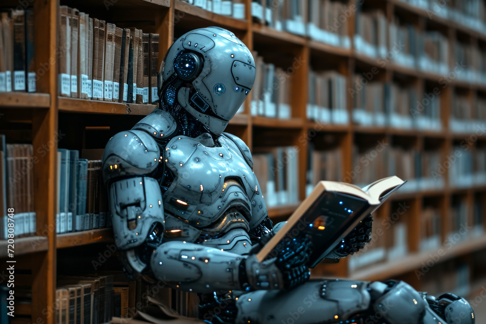 Robot Reading a Book in a Library. A robot sitting at a library table, engrossed in a book. Robot Reading a Book in a Library. A robot sitting at a library table, engrossed in a book.
