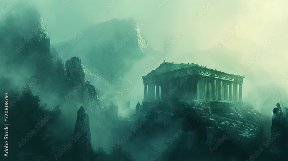 Obraz premium a digital painting of an ancient greek temple in a foggy, foggy, and foggy mountain landscape