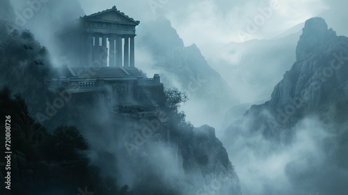 a digital painting of an ancient greek temple in a foggy, foggy, and foggy mountain landscape