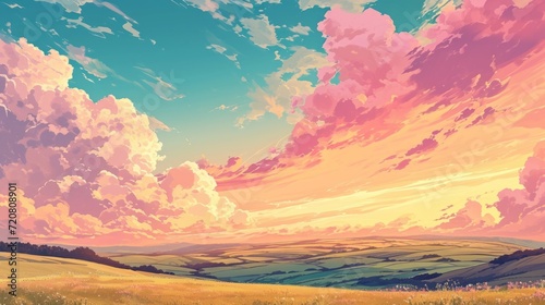 Sunset over a tranquil countryside with rolling hills, adorned with manga-style clouds generative ai