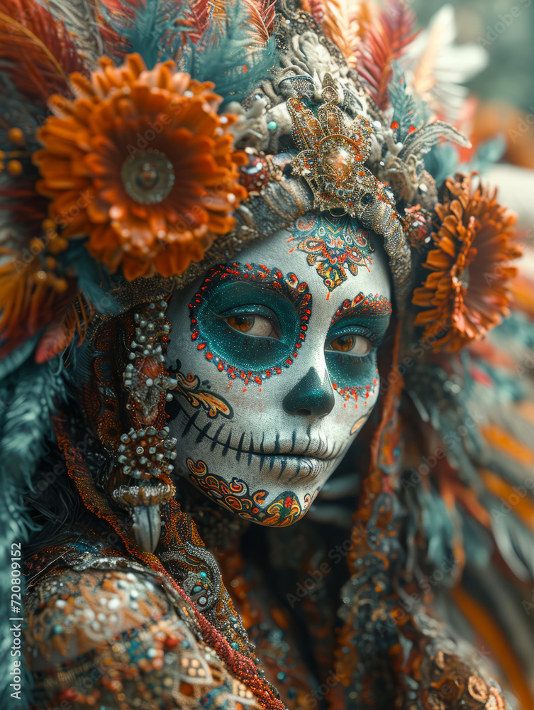 A Woman With a Blue and Orange Skeleton Face Painted. A woman with her face painted to resemble a skeleton, using blue and orange colors