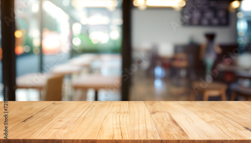 Empty wood table with blur interior coffee shop restaurant or cafe for background., mock up and copy space