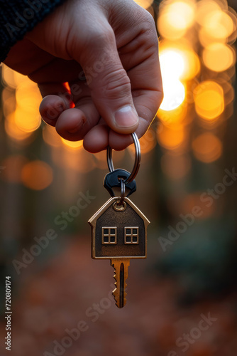 Close-up of Person Holding House Key in Hand. Person Holding House-Shaped Key in Front of Sunset. photo