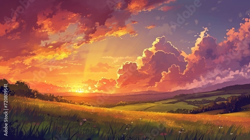 Sunset over a tranquil countryside with rolling hills  adorned with manga-style clouds generative ai