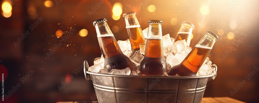 Metal bucket with cold bottles of beer on the bar blurred background - obrazy, fototapety, plakaty 