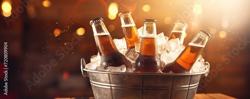 Metal bucket with cold bottles of beer on the bar blurred background photo