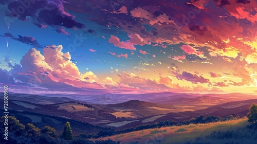 Sunset over a tranquil countryside with rolling hills  adorned with manga-style clouds generative ai