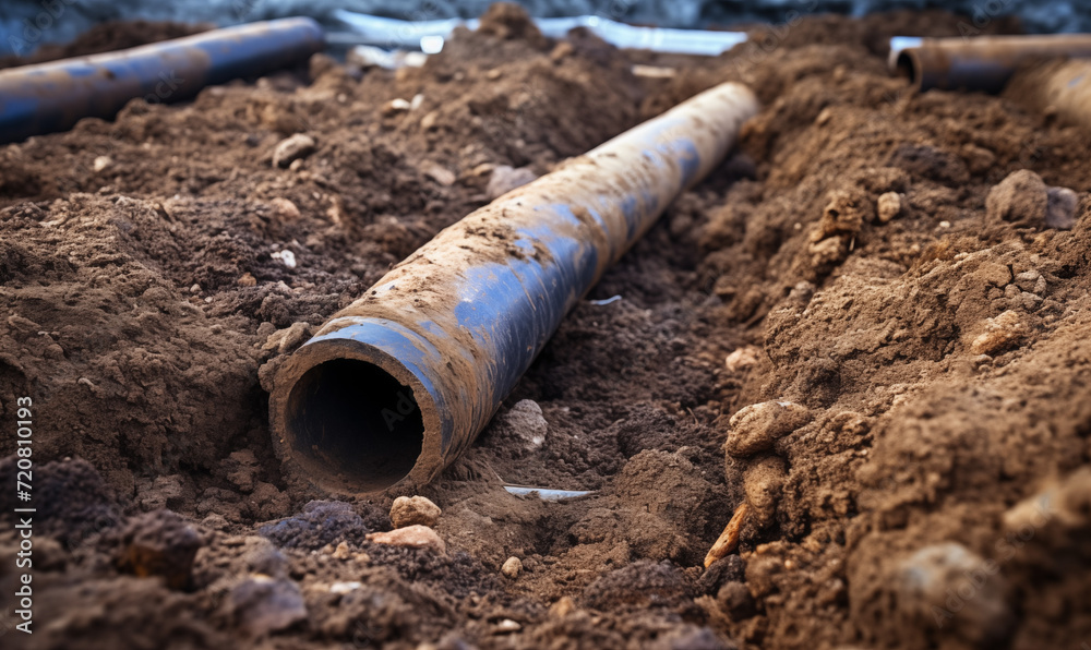 A detailed view of a pipes partially buried in the dirt. This image can be used to depict construction, plumbing, or infrastructure projects A detailed view of a pipes partially buried in the dirt. This image can be used to depict construction, plumbing, or infrastructure projects