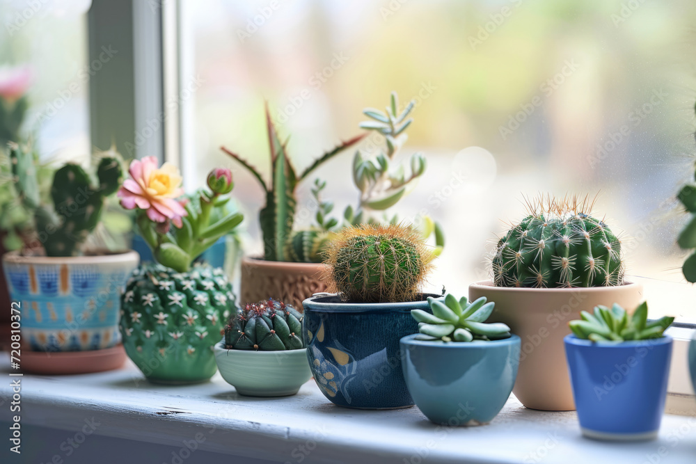 Cactus and succulents in pots on the windowsill. Generative AI