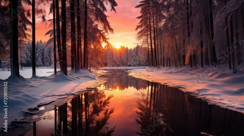 Beautiful winter landscape with a river and a sunset in the forest Generative AI