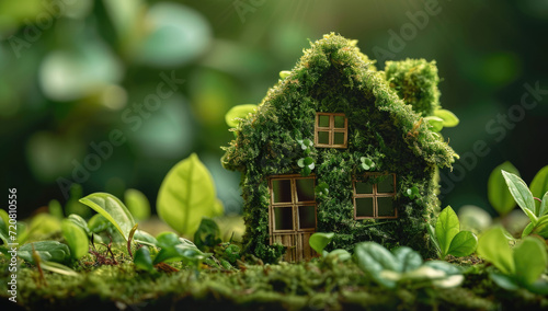 a green house is made from moss and green leaves on table, in the style of flat composition, wood