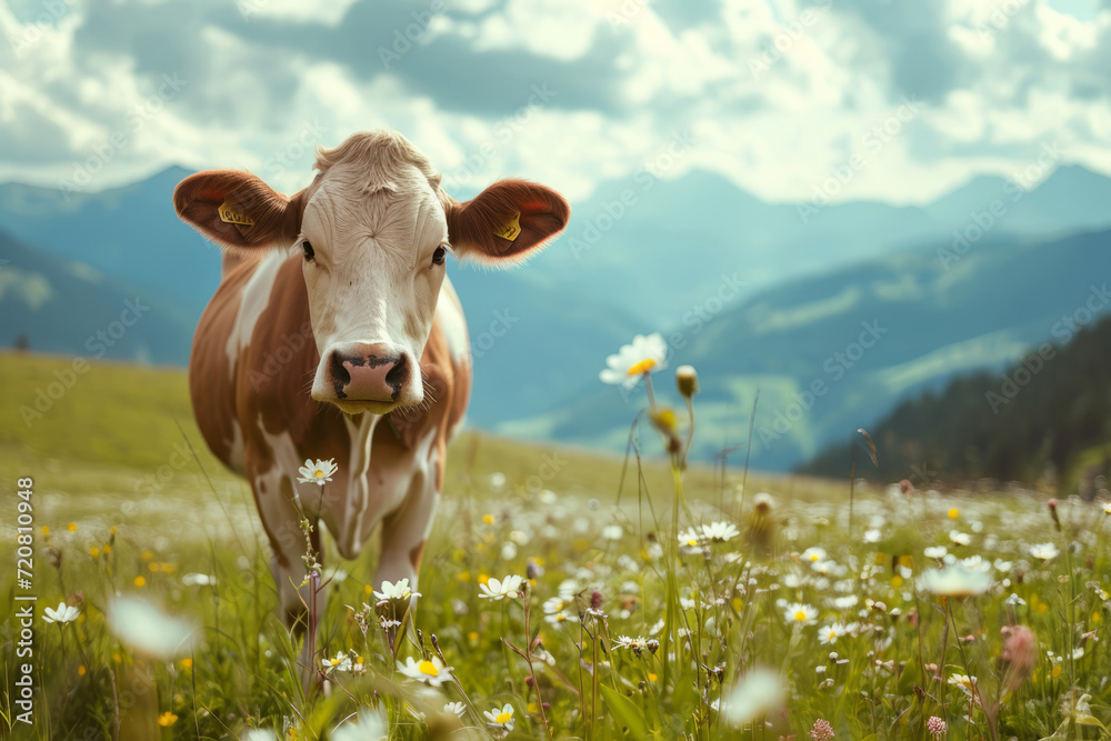 Cows herd on a grass field during the summer with mountains on background. Generative AI