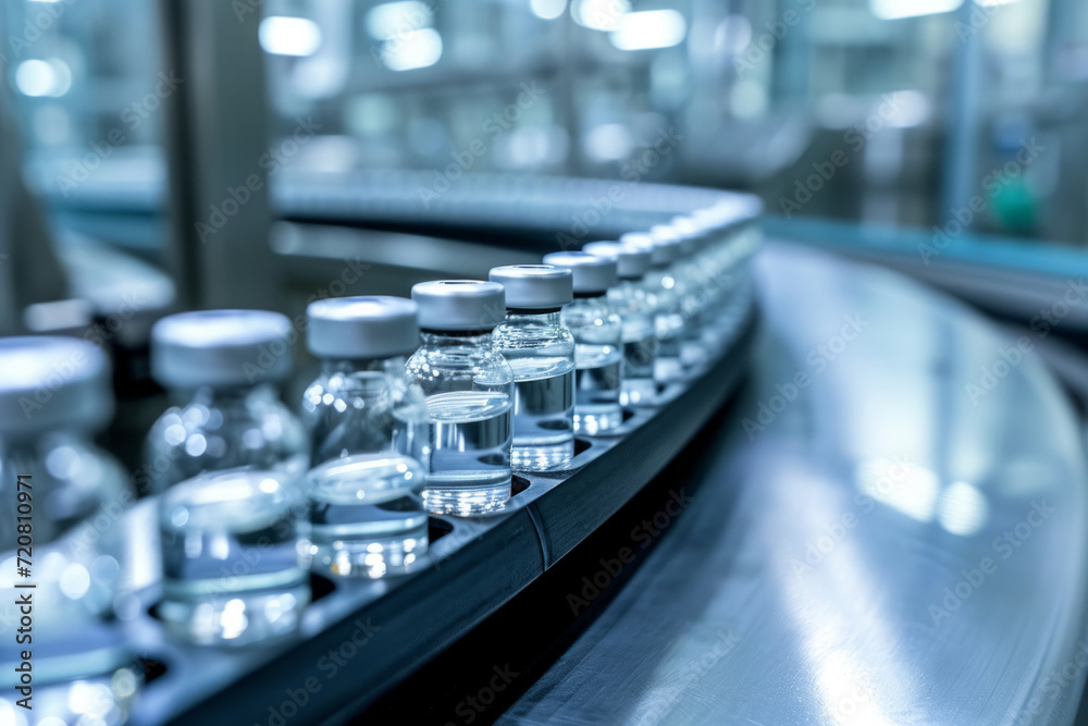 Pharmaceutical industry. Production line machine conveyor with glass bottles ampoules at factory. Pharmaceutical industry concept. Generative AI Pharmaceutical industry. Production line machine conveyor with glass bottles ampoules at factory. Pharmaceutical industry concept. Generative AI