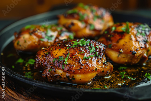 Honey mustard glazed chicken thighs. Tasty food in asian style. Generative AI