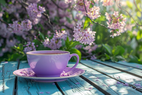 Lavender cup of tea with cherry blossom flowers in the background. Generative AI