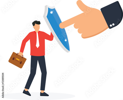 Businessman protecting himself from blame finger with personal responsibility concept,
