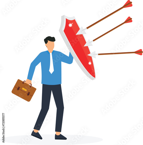 Businessman protecting himself from bow arrow and Threats protection from Safety measures concept,
