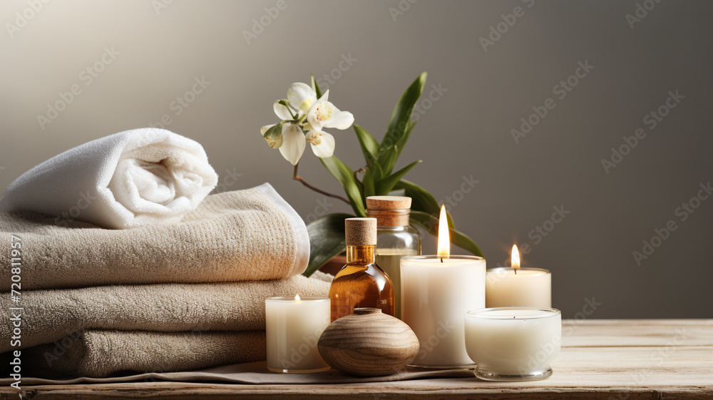 spa procedures center beauty treatment items massage stone towels candles soap salt comfort essential oils flowers rest banner copy space background poster.