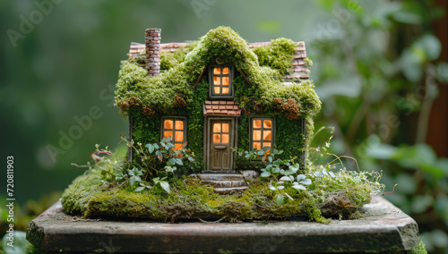 a green house is made from moss and green leaves on table, in the style of flat composition, wood © Serega