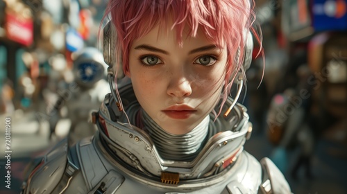 Girl with pixie-cut pink hair, sparkling grey eyes, wearing a chic space suit, on a bustling street