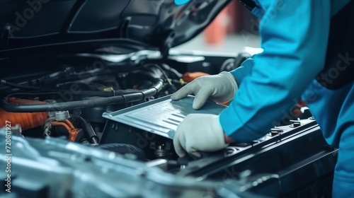 Auto mechanic working in auto repair service, closeup of car engine Generative AI