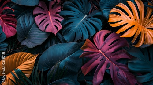 Vibrant colored abstract leaf textures  tropical leaves background. generative ai