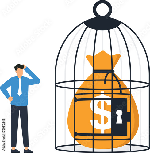 Dollar sack in the cage and achievement for goal with ambitions success concept,
