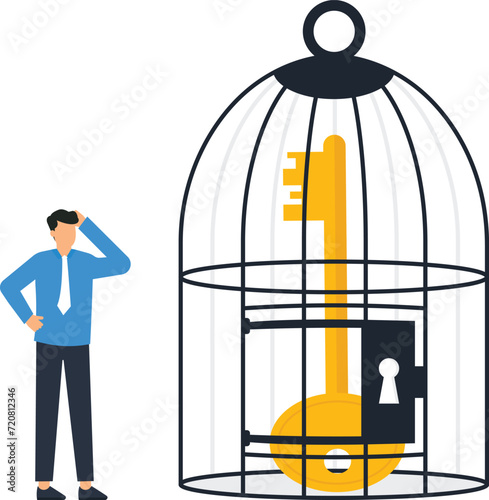 Success key in the cage and achievement for goal with ambitions success concept,
