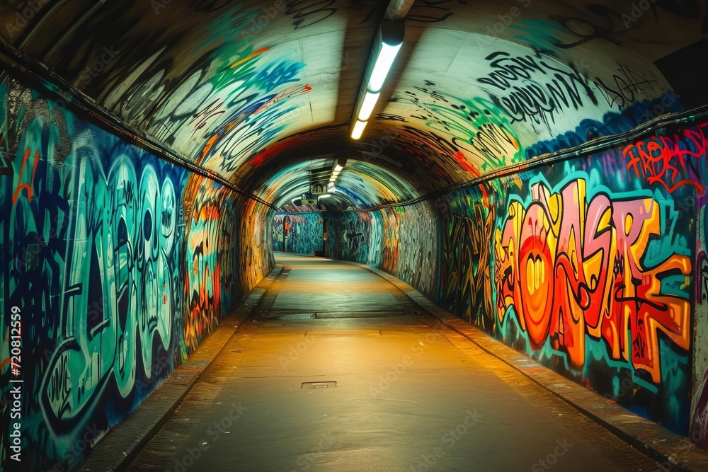 Artistic graffiti tunnel with urban culture and street performers