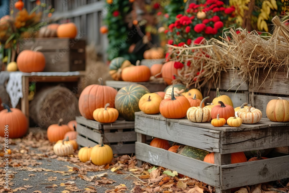 Autumn harvest festival in rustic village with seasonal decorations