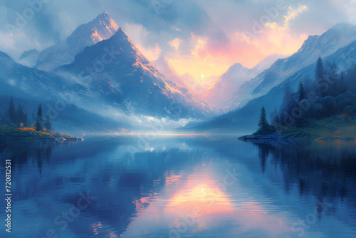 A tranquil landscape with a majestic mountain range and a peaceful lake. Created with generative AI.