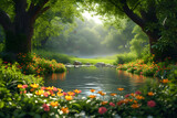 A serene garden with blooming flowers and a flowing river. Created with generative AI.