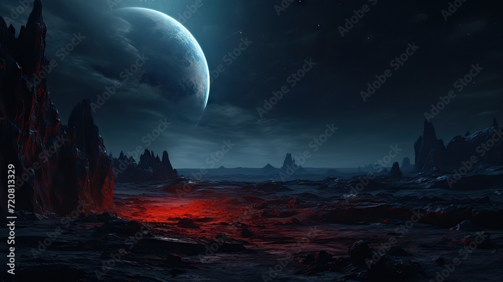 Epic Scenes: Red and Blue Space Background with Moon and Stars AI Generated