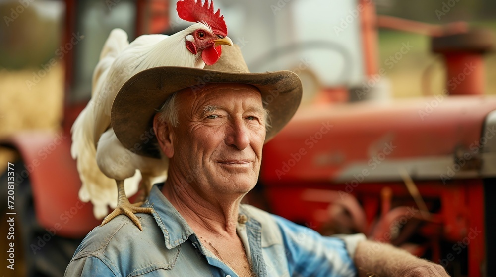 Rural Farmer Posing with a White Rooster. Generative ai