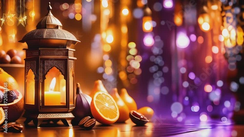 Arabic lantern lamps, plump dates and fresh oranges. against a backdrop of twinkling bokeh and softly blurred lamp illumination. Conjuring the spirit of Ramadan and Eid atmosphere. photo
