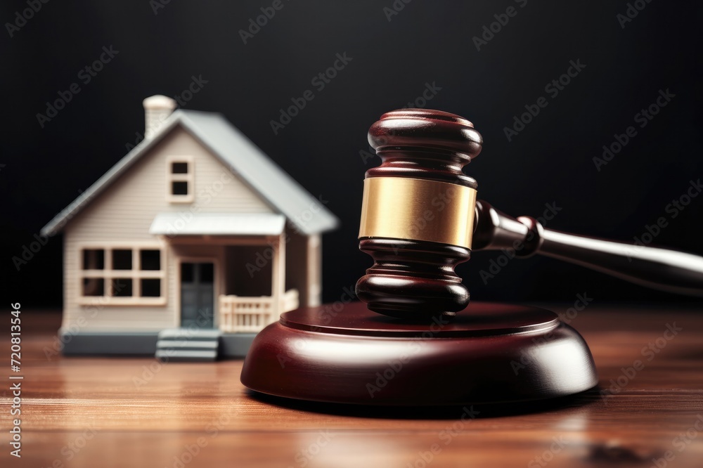 Real estate auction. Gavel with a model house depicting legal issues Real estate auction. Gavel with a model house depicting legal issues